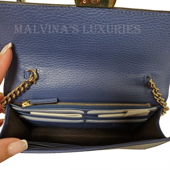 GUCCI BAG 510314 INTERLOCKING G CHAIN BLUE LEATHER CROSSBODY WALLET $1,550 - Picture 8 of 12